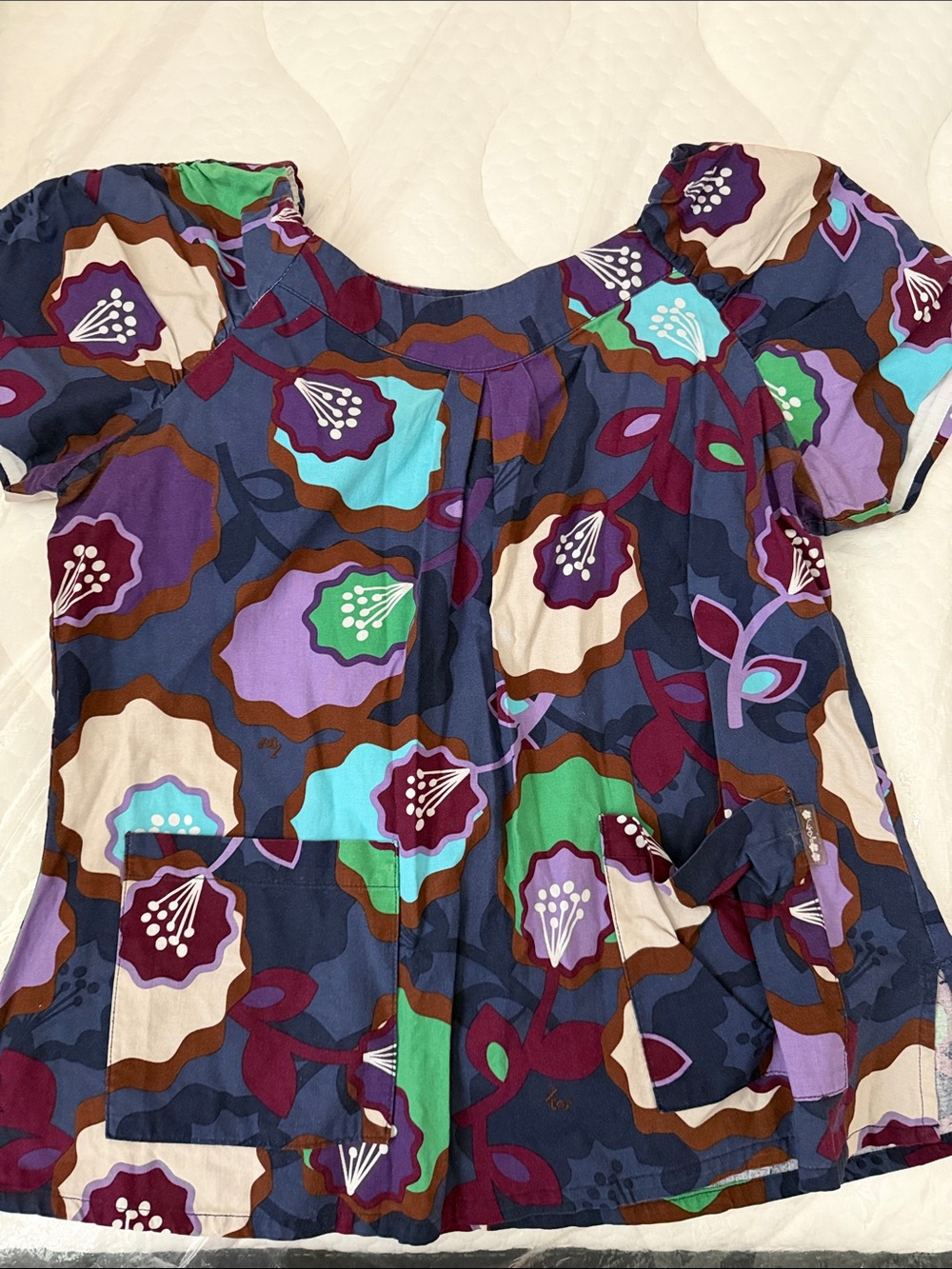 koi Navy Floral Puff-Sleeve Tunic with Multicolor Blooms